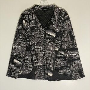 Comfy USA Jacket Womens Small Black City Print Quilted Button Pockets Knit